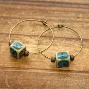 Teal Blue Cube Ceramic Bronze Beads Hoop Earrings