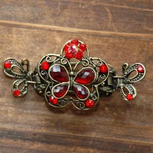Red Ruby Stones And Rhinestone Butterfly Claw Clip