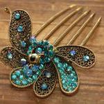 Gold Plated Teal Blue Rhinestone Peacock Hair Comb