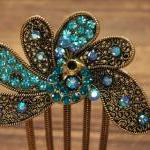 Gold Plated Teal Blue Rhinestone Peacock Hair Comb