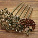 Gold Plated Amber Rhinestone Peacock Hair Comb