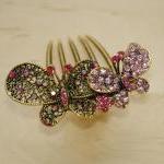 Rose Pink Gold Rhinestone Butterfly Hair Comb