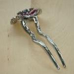 Red Pink Silver Rhinestone Flower Hair Comb