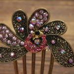 Gold Plated Pink Rhinestone Peacock Hair Comb