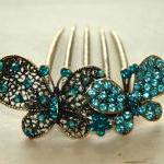 Teal Blue Gold Rhinestone Butterfly Hair Comb