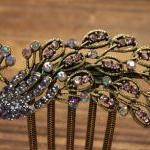 Gold Plated Lavender Rhinestone Peacock Hair Comb