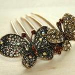 Amber Gold Rhinestone Butterfly Hair Comb