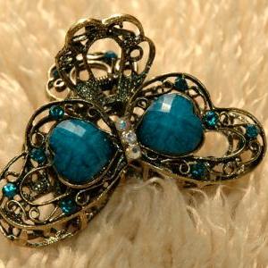 Turquoise Stones And Rhinestone Flower Claw Clip