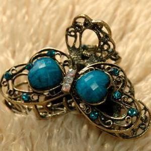 Turquoise Stones And Rhinestone Flower Claw Clip
