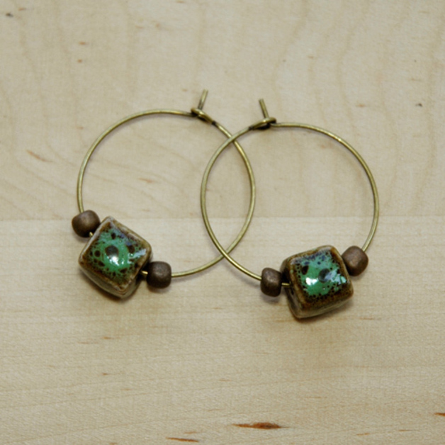 Turquoise Cube Ceramic Bronze Beads Hoop Earrings