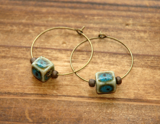 Teal Blue Cube Ceramic Bronze Beads Hoop Earrings