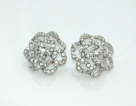 White Rhinestones Dazzling Silver Rose Earrings
