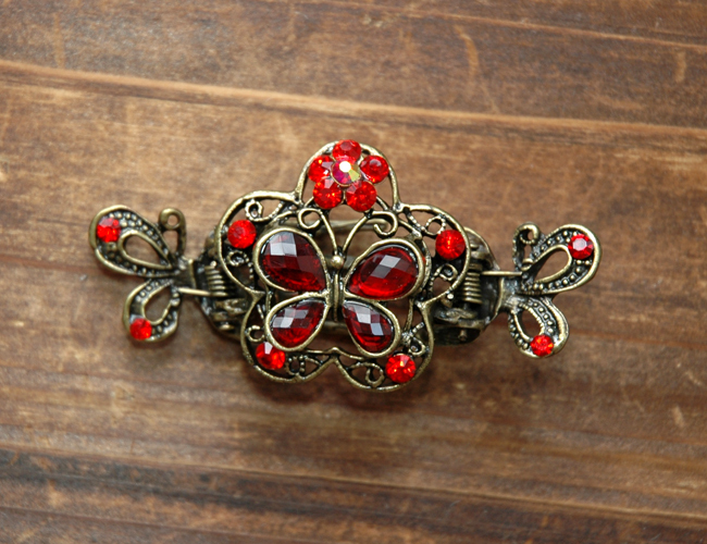 Red Ruby Stones And Rhinestone Butterfly Claw Clip