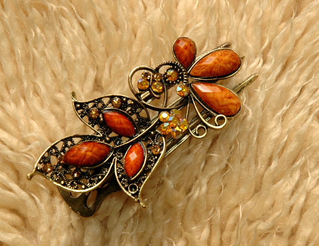 Amber Stones and Rhinestone Butterfly Claw Clips