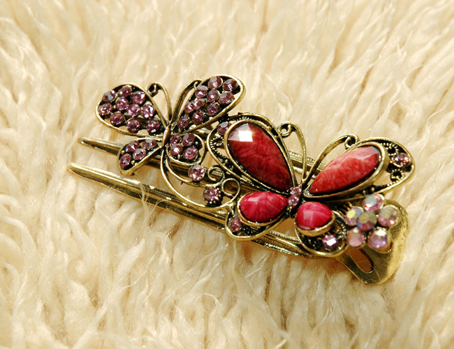 Pink Stones And Rhinestone Butterfly Claw Clips