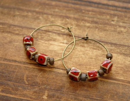 Maroon Ceramic Cube Bronze Beads Hoop Earrings