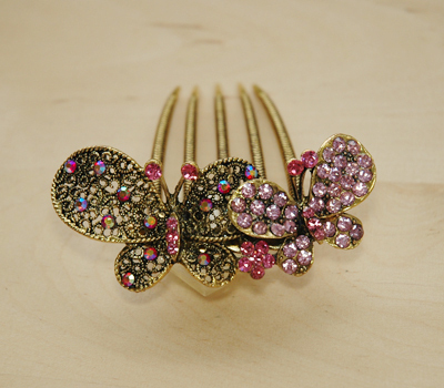 Rose Pink Gold Rhinestone Butterfly Hair Comb