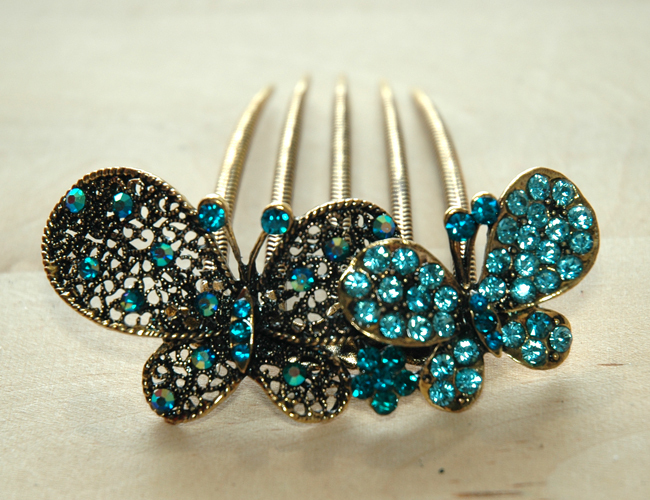 Teal Blue Gold Rhinestone Butterfly Hair Comb