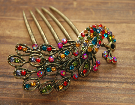 Gold Plated Colorful Rhinestone Peacock Hair Comb