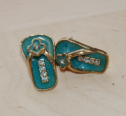 Aqua Marine Gold Rhinestone Floral Slipper Earrings